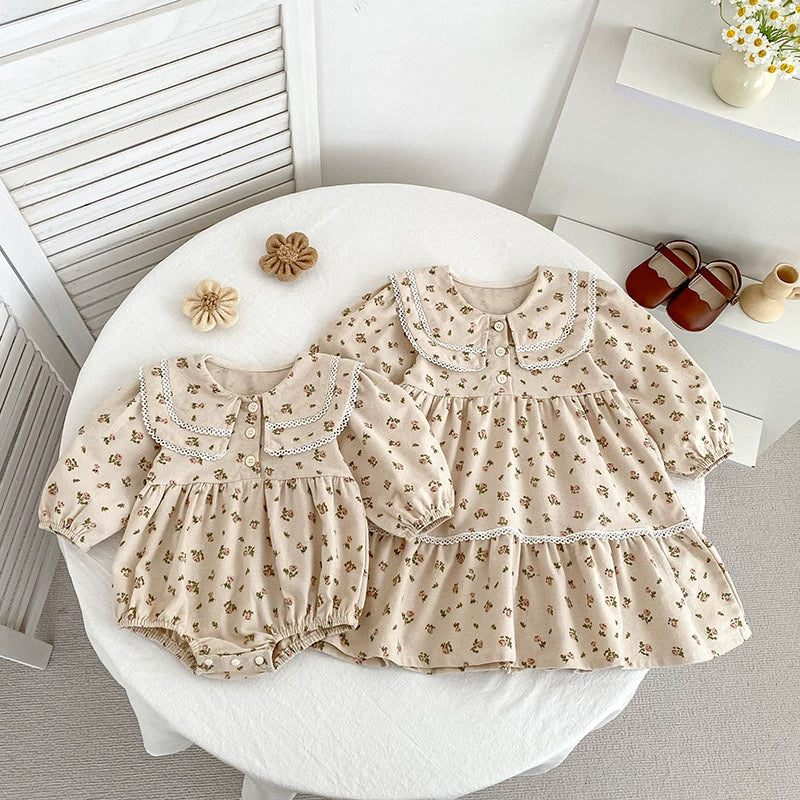 Autumn Baby Girls French Style Flowers Pattern Long-sleeved Onesies